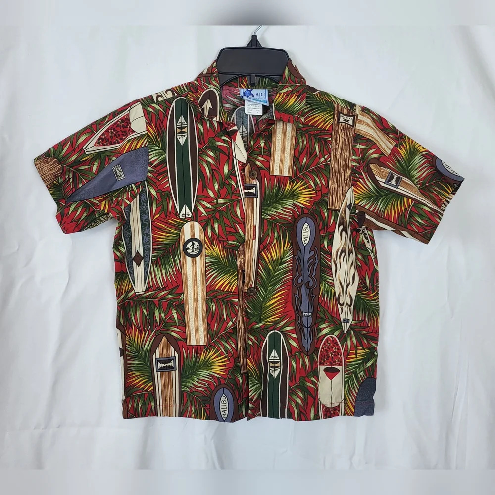 RJC Boys Red Surfboard Galore Short Sleeve‎ Button Collared Cotton Shirt Size 7
